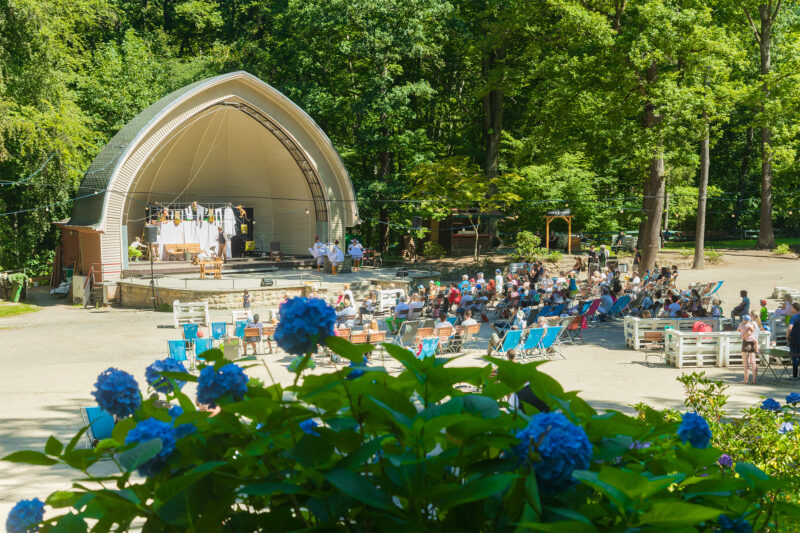 Der Konzertplatz Weißer Hirsch mit seiner Konzertmuschel und Sitzreihen für Zuhörende im Sommer - Link auf die Unterseite Konzertplatz Weißer Hirsch Dresden