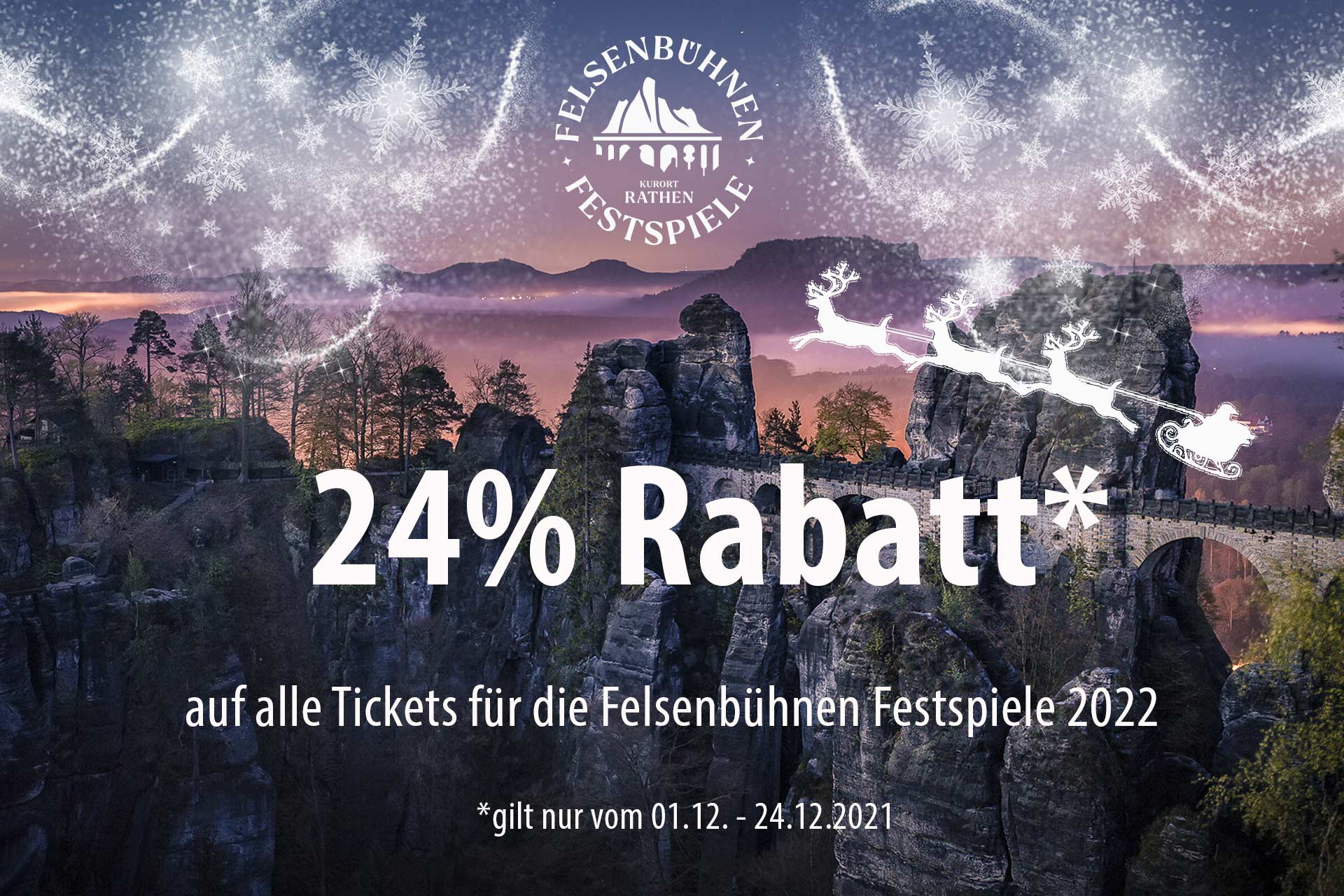 Blick auf die Basteibrücke bei Nacht mit winterlichen Bildeffekten und Rabattaktion auf Tickets für die Felsenbühnen Festspiele im Jahr 2022