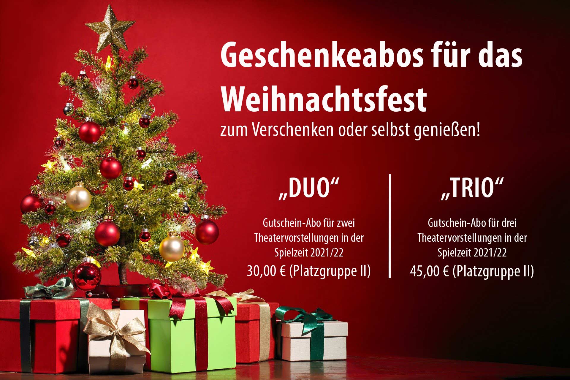 Ein Weihnachtsbaum mit Geschenken vor rotem Hintergrund mit dem Schriftzug für Geschenkeabos.