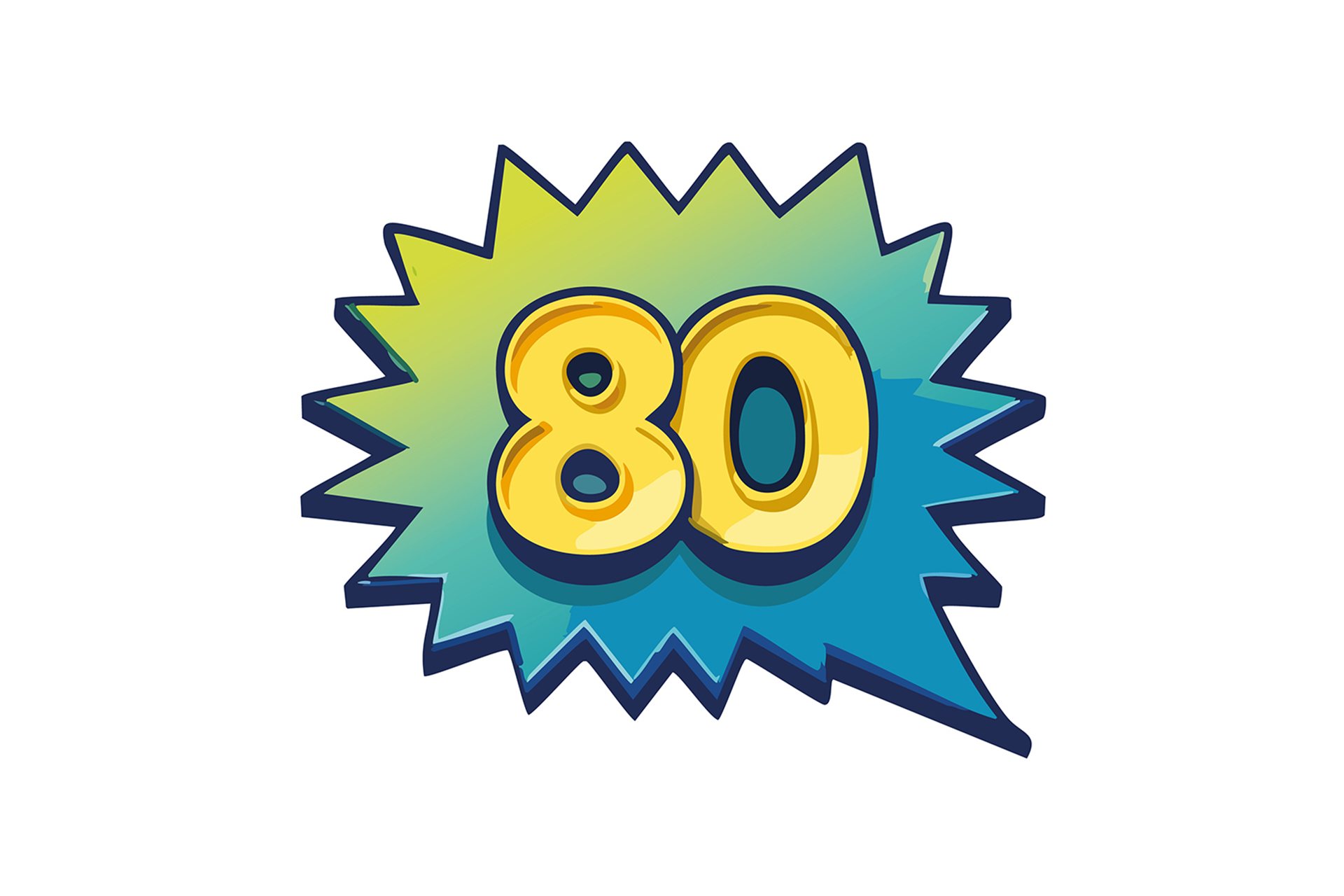 80 Jahre Landesbühnen Sachsen Einbe bunt gezackte Sprechblase in grün und blau zeigt eine gelbe 80 in der Mitte.